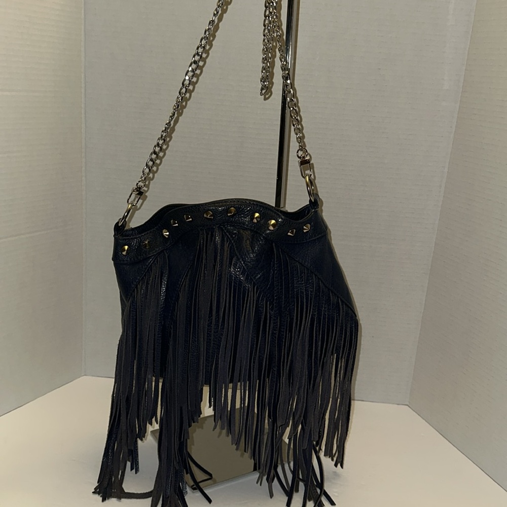 Blue fringe, Genuine Leather crossbody bag. frosting by Mary Norton. - Picture 2 of 7